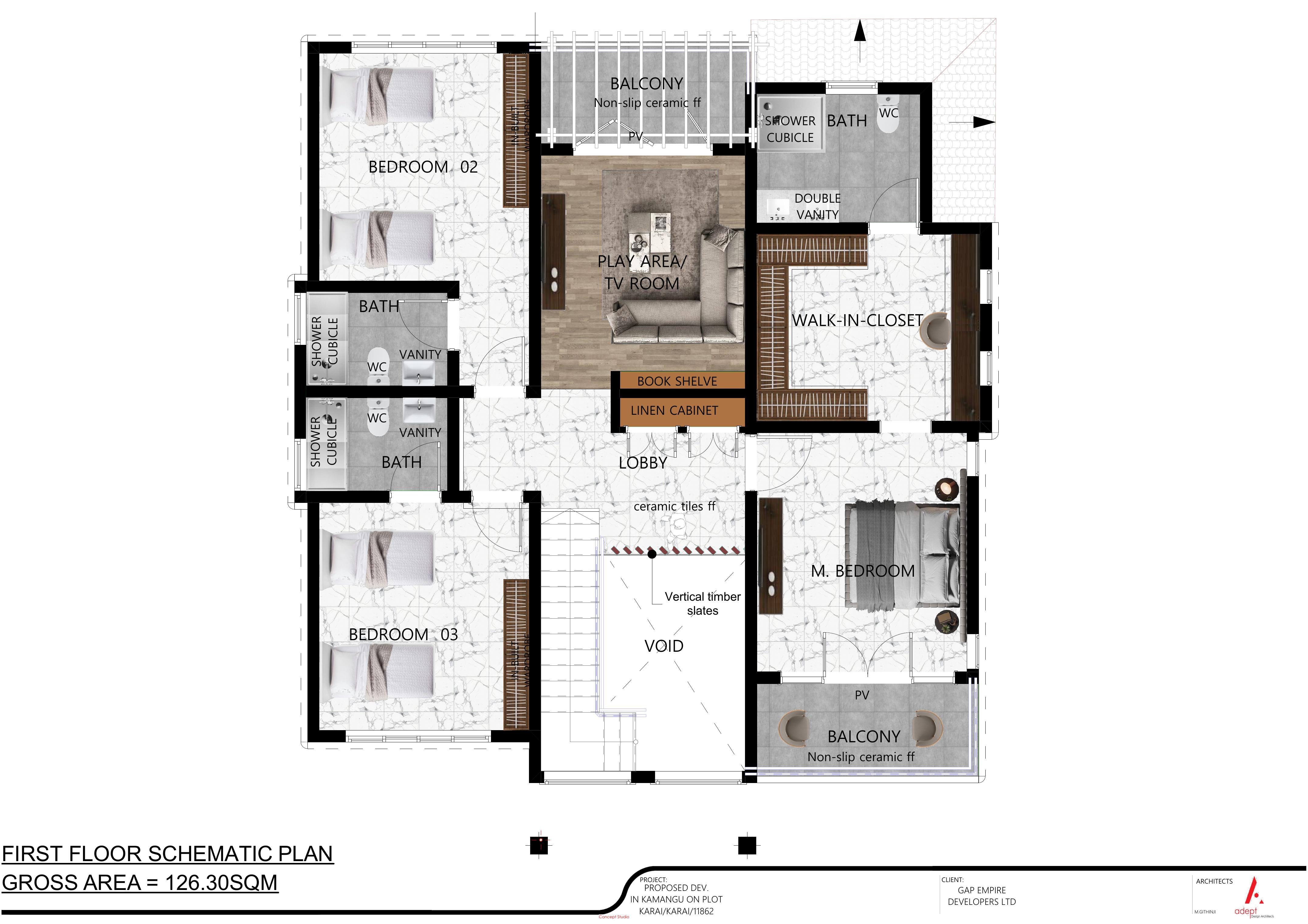 First floor schematic plan of the Cedar Homes maisonette showing master bedroom, two further bedrooms and TV room