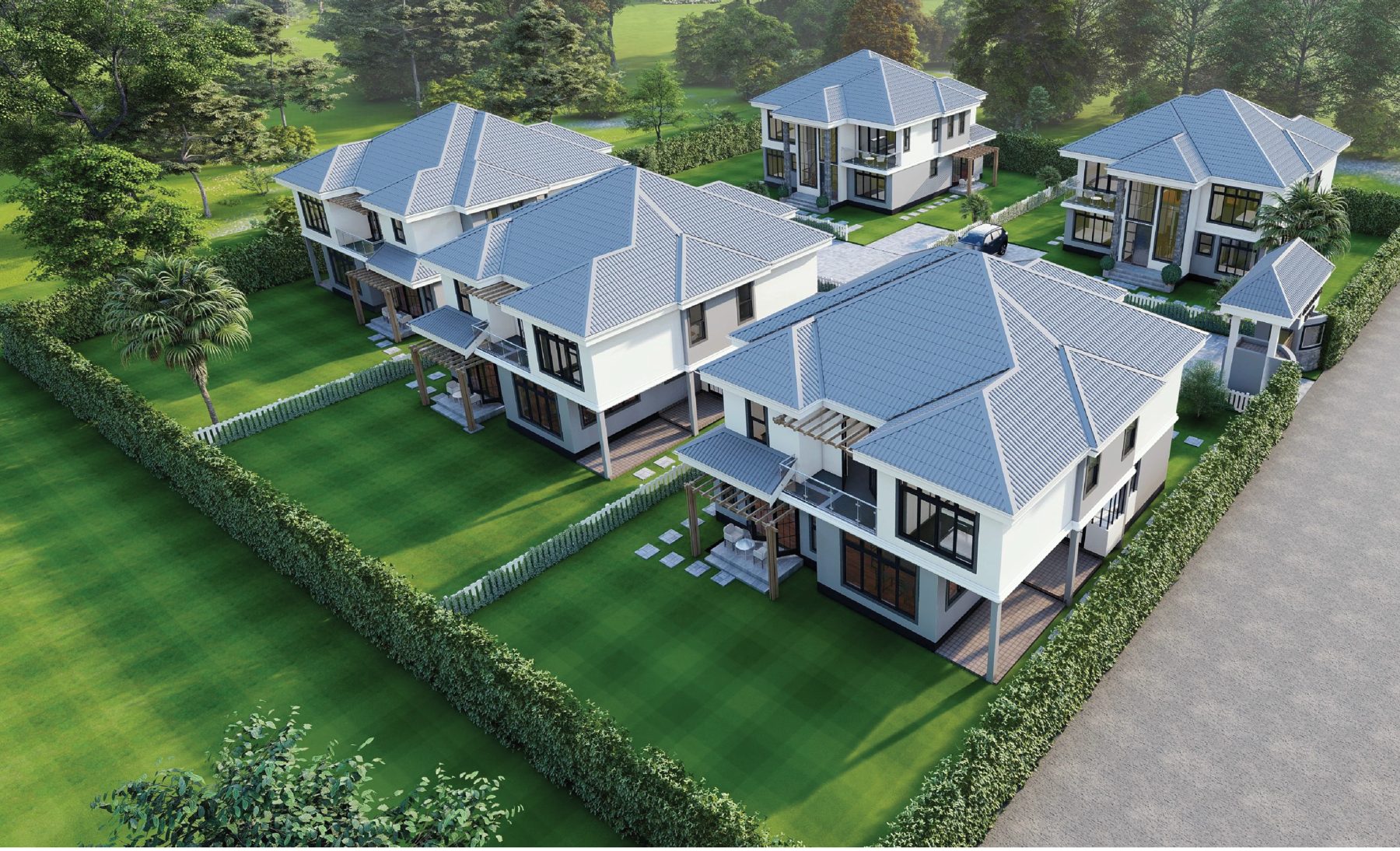 Aerial view of the five Cedar Homes maisonettes and their gardens