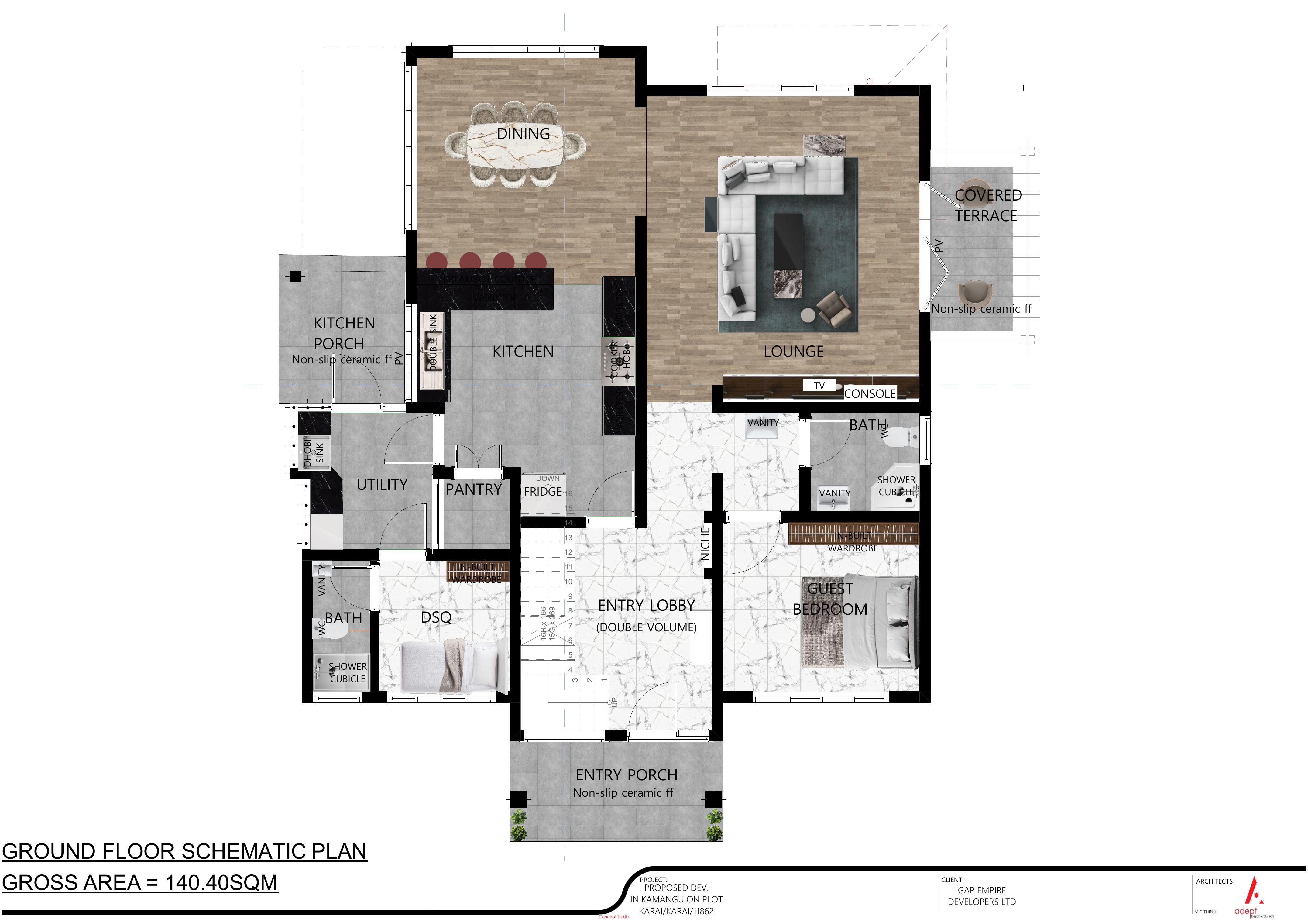 Ground floor schematic plan of the Cedar Homes maisonette showing lounge, dining, kitchen, guest bedroom and DSQ